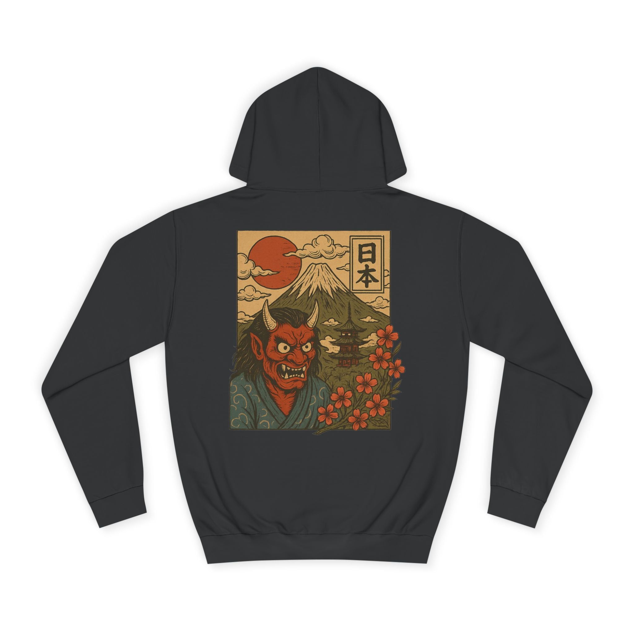 Hannya Demon Japan Hoodie — Vintage Mt. Fuji Sunset Graphic