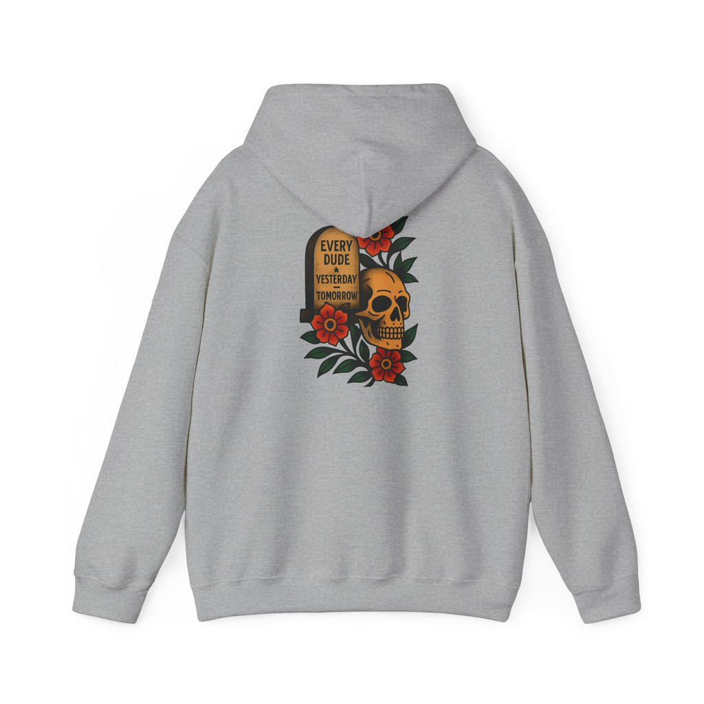 Skull & Flowers Hoodie — "Every Dude Dies" Gothic Memorial Pullover