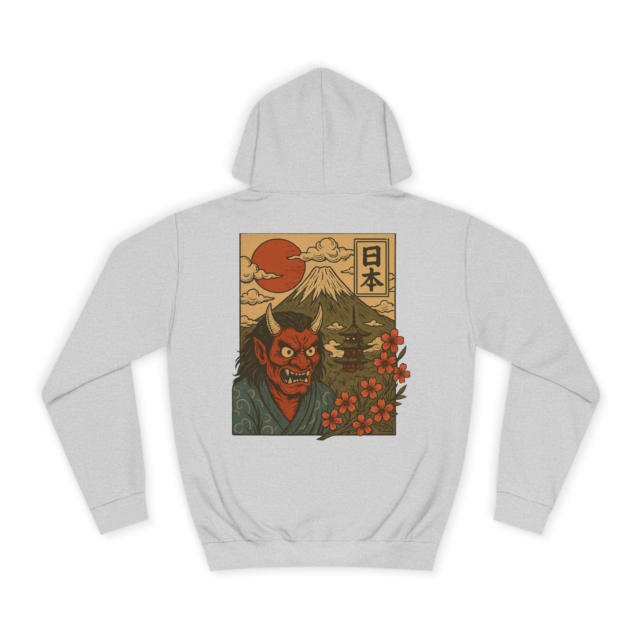 Hannya Demon Japan Hoodie — Vintage Mt. Fuji Sunset Graphic