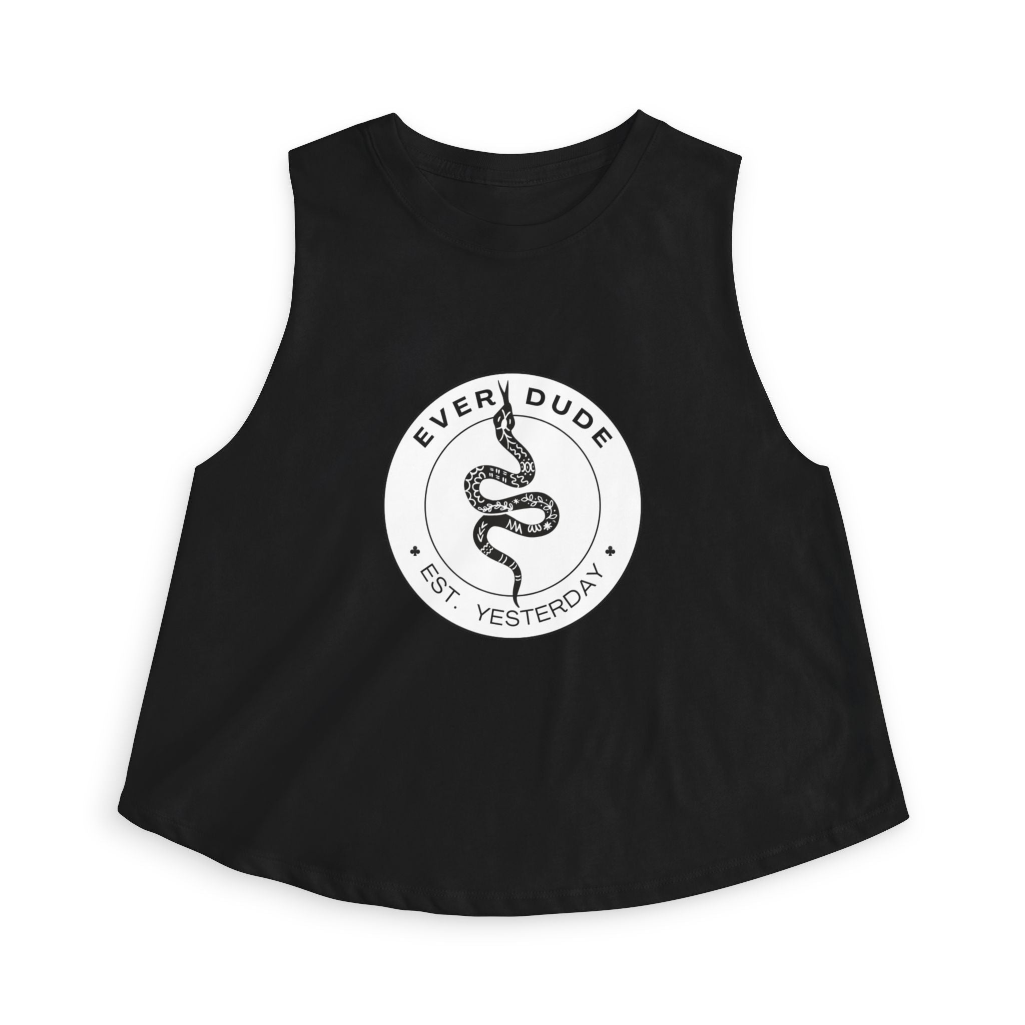 Snake Logo Crop Top — "Every Dude Est. Yesterday" Graphic Tank