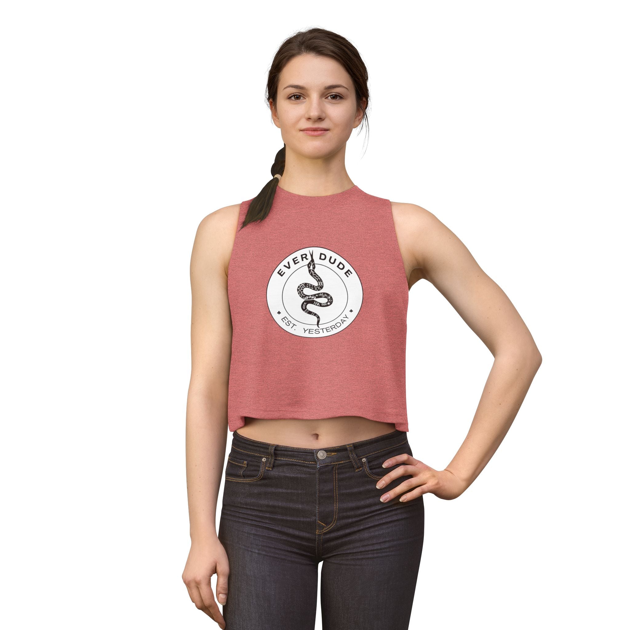 Snake Logo Crop Top — "Every Dude Est. Yesterday" Graphic Tank