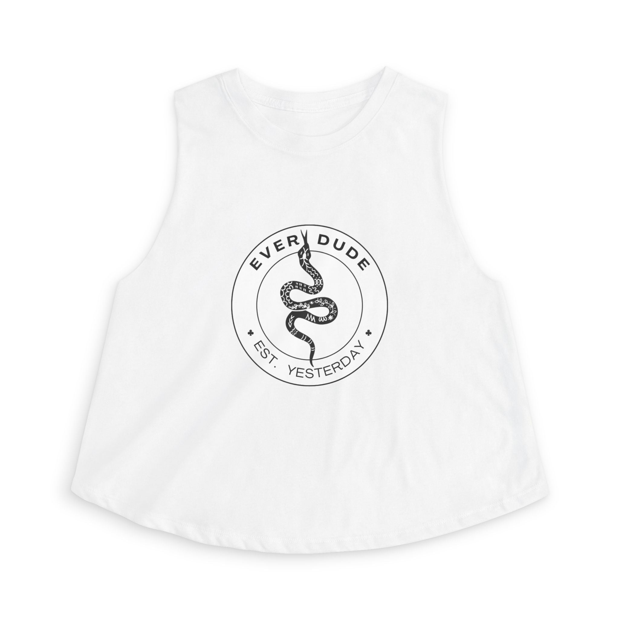Snake Logo Crop Top — "Every Dude Est. Yesterday" Graphic Tank