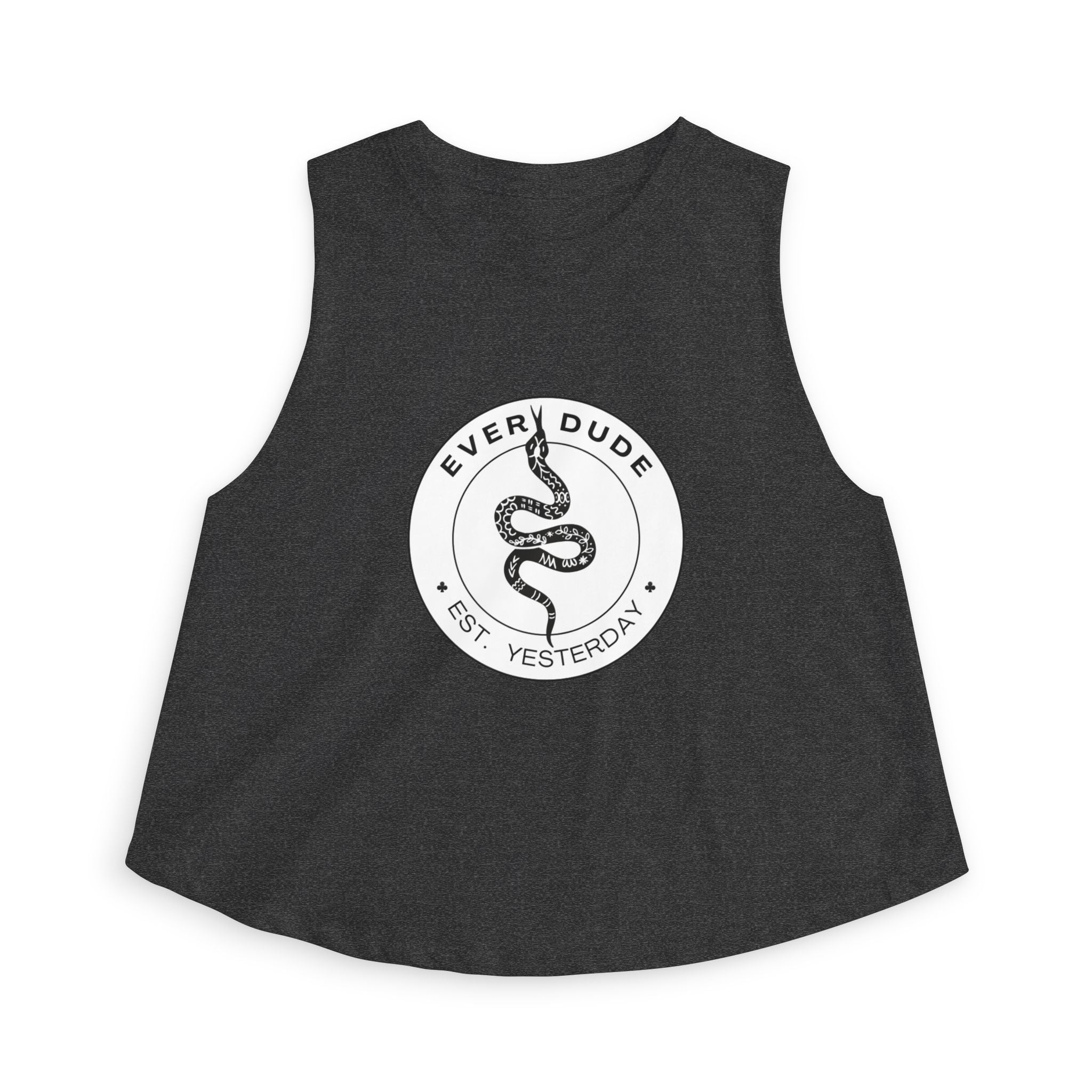 Snake Logo Crop Top — "Every Dude Est. Yesterday" Graphic Tank
