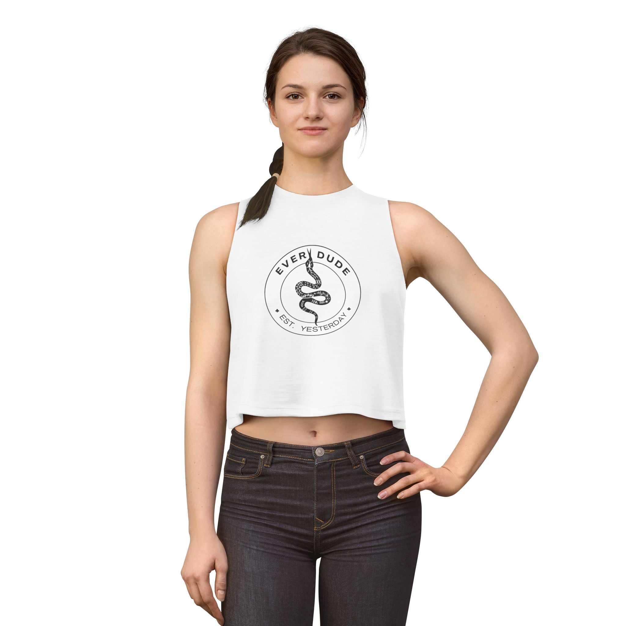Snake Logo Crop Top — "Every Dude Est. Yesterday" Graphic Tank