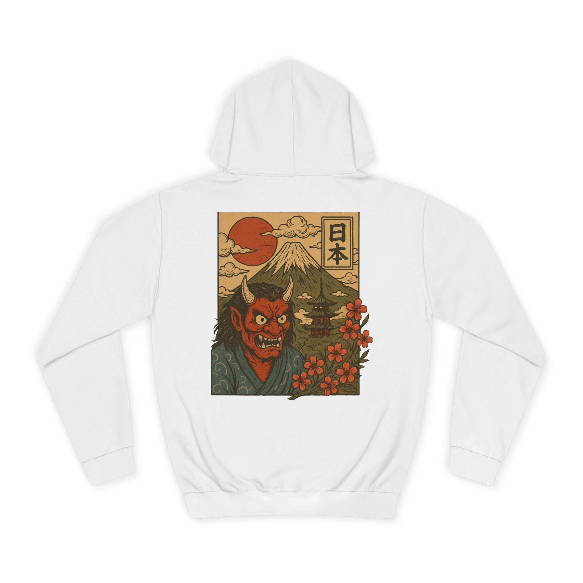 Hannya Demon Japan Hoodie — Vintage Mt. Fuji Sunset Graphic