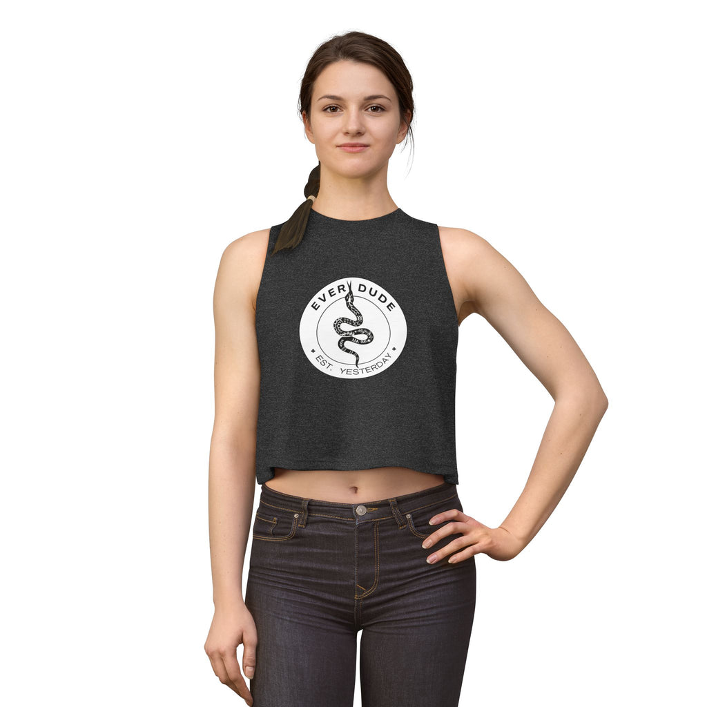 Snake Logo Crop Top — "Every Dude Est. Yesterday" Graphic Tank