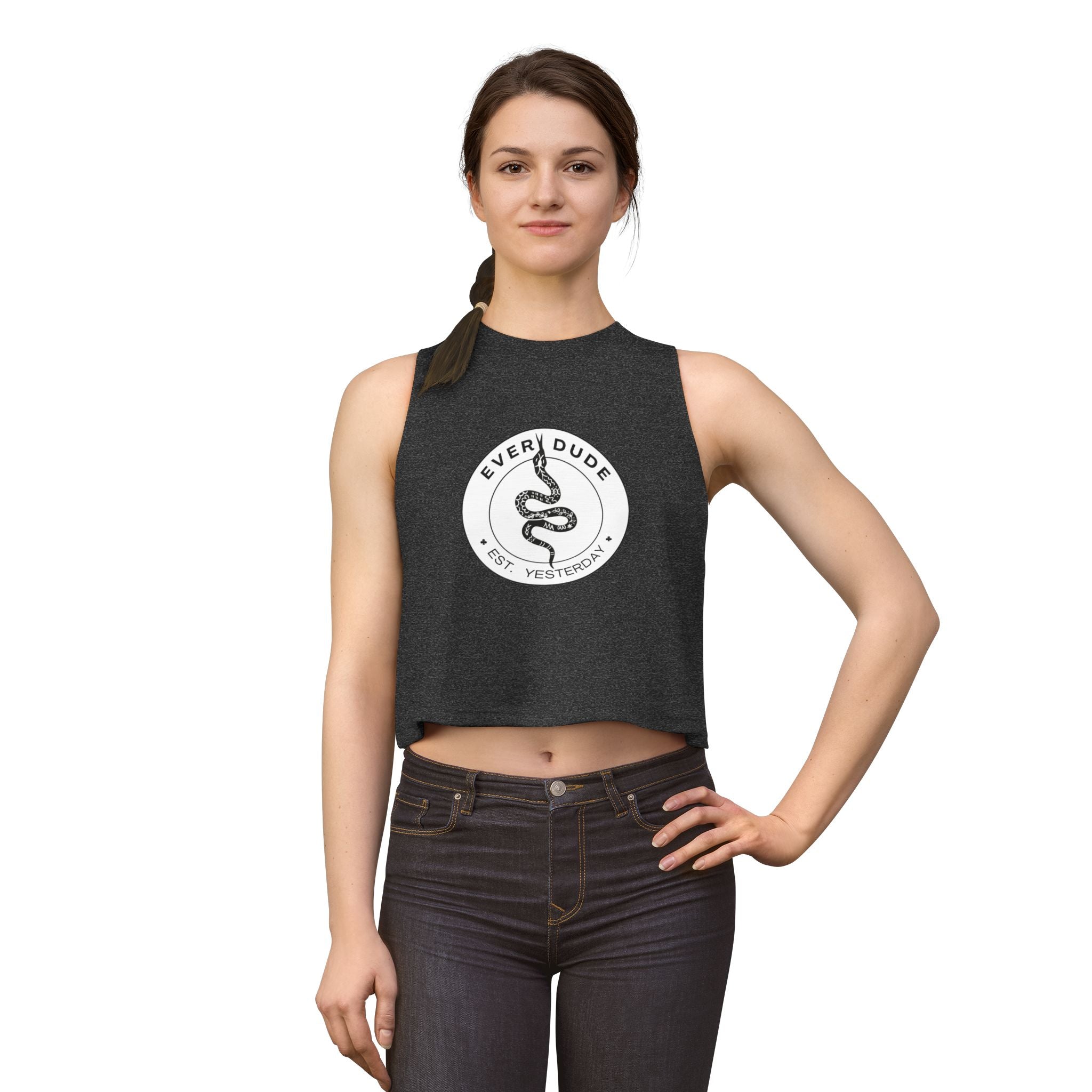 Snake Logo Crop Top — "Every Dude Est. Yesterday" Graphic Tank